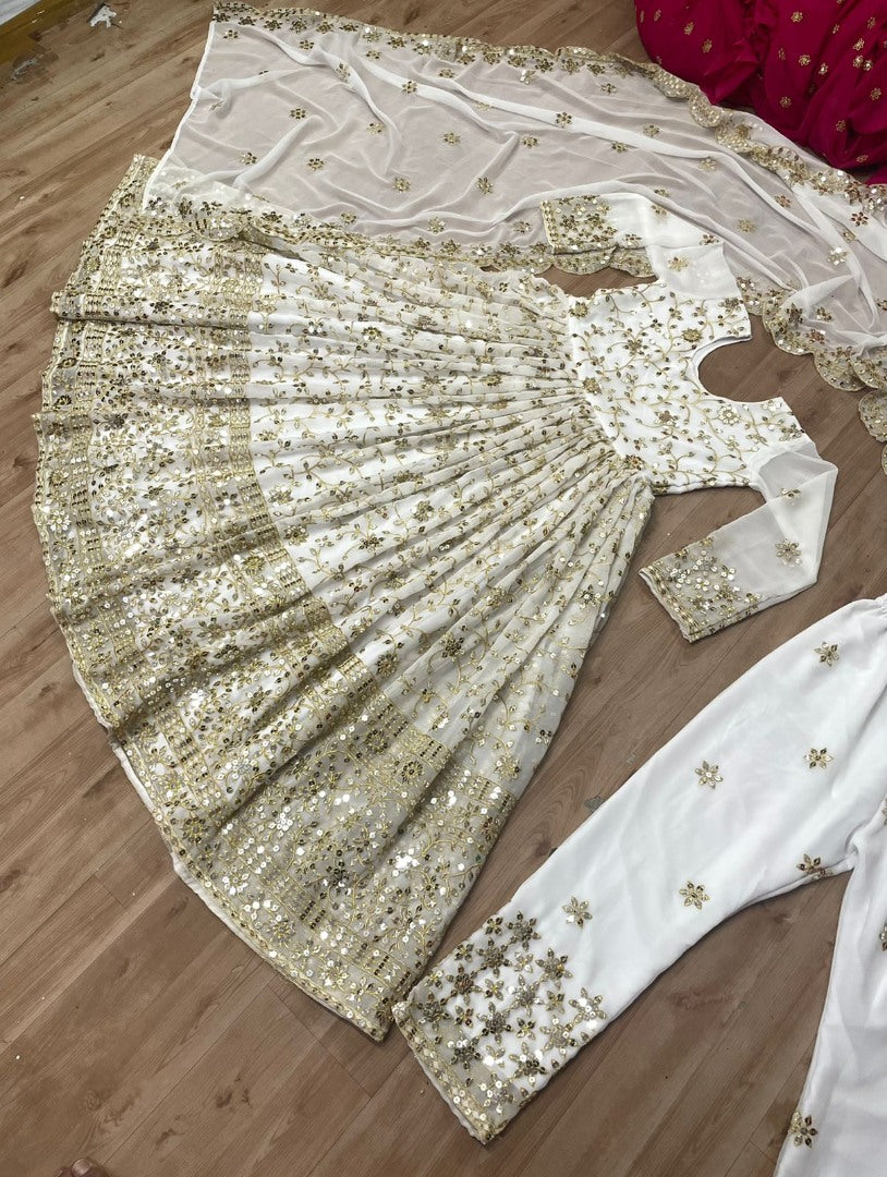 White georgette sequence embroidered anarkali suit