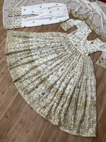 White georgette sequence embroidered anarkali suit