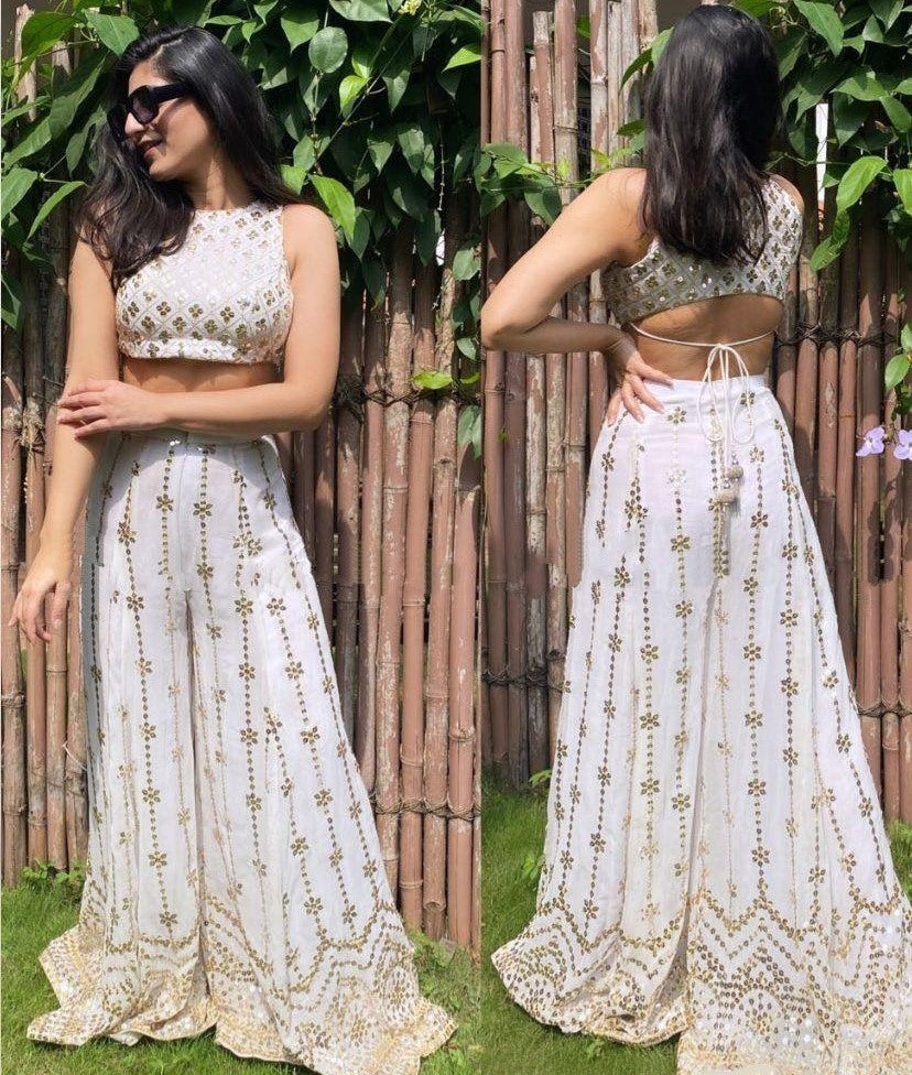 White georgette thread and sequence embroidered plazzo suit