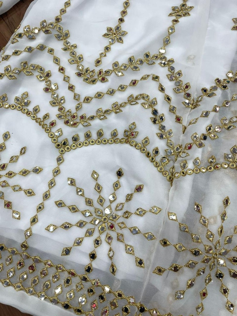 White georgette thread and sequence embroidered plazzo suit