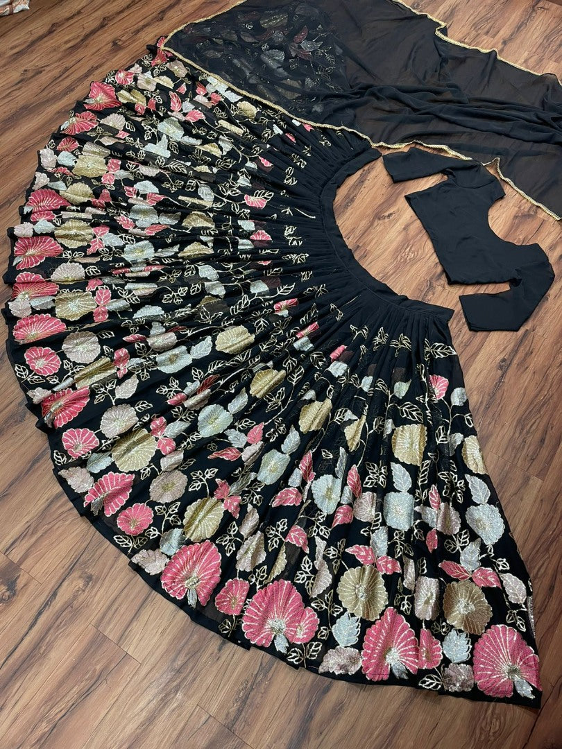 Black georgette multi heavy thread work wedding lehenga choli