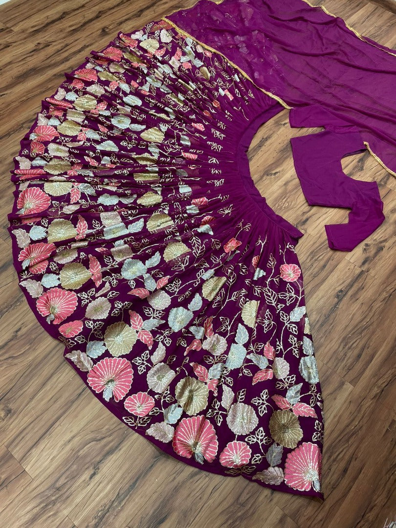 Purple georgette multi heavy thread work wedding lehenga choli
