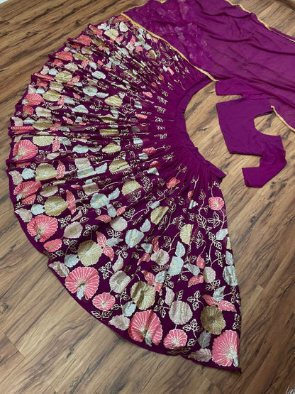 Purple georgette multi heavy thread work wedding lehenga choli