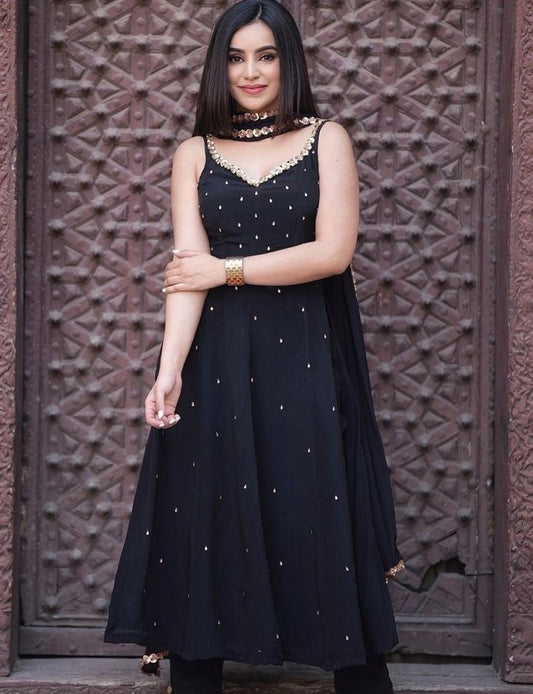 Black georgette pearl work stylist anarkali suit