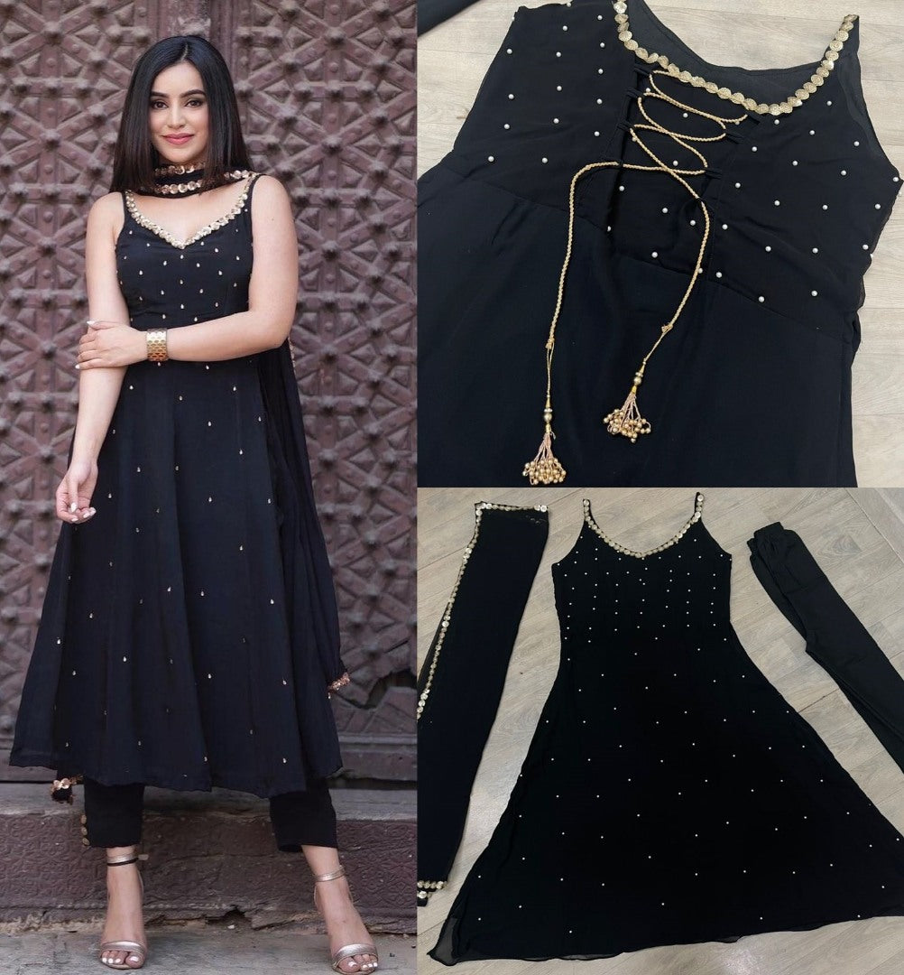Black georgette pearl work stylist anarkali suit