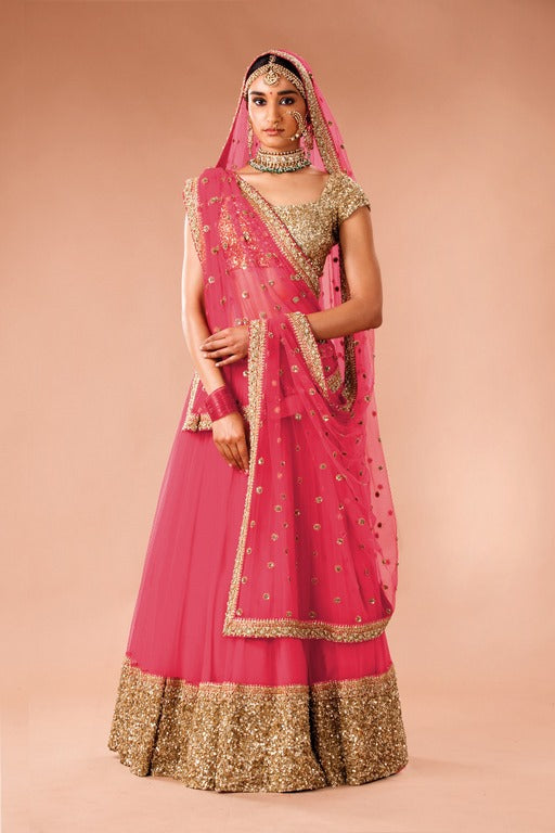 Girlish Peach double layered net wedding lehenga