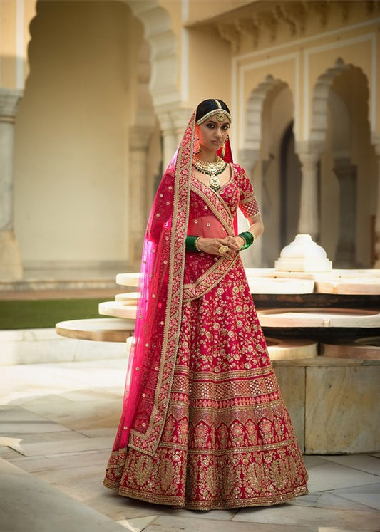 Pink floral embroidery on pink base art silk bridal lehenga