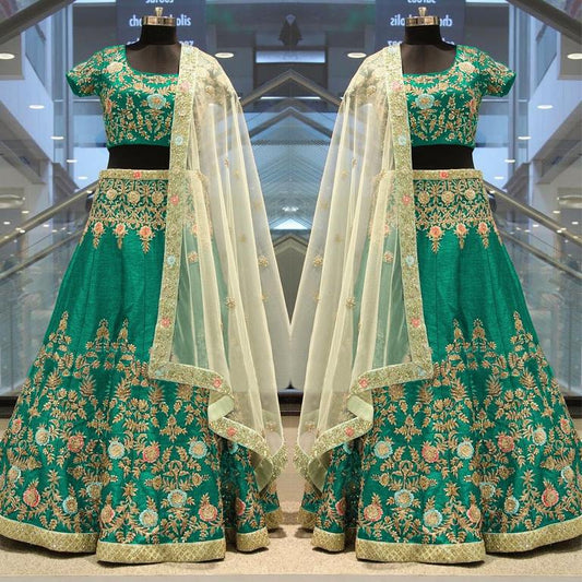 Green Elegance Wedding Lehenga Choli With Beige Net Dupatta