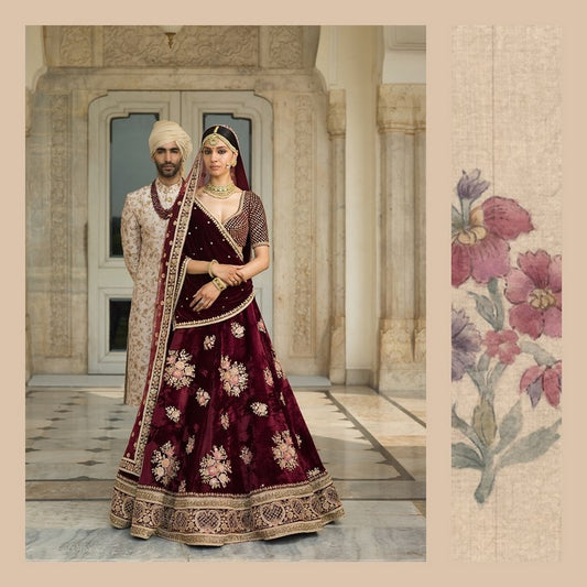 Deep maroon royal wedding lehenga with gold embroidery