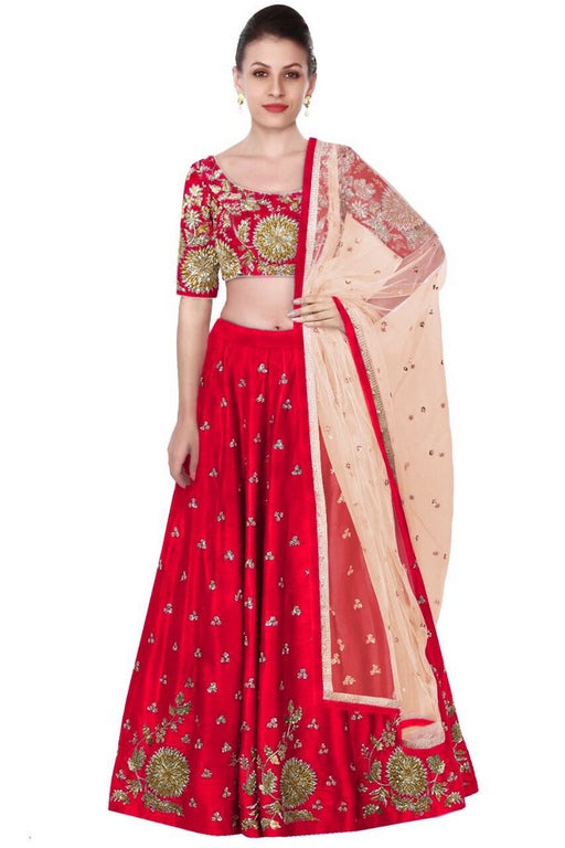 Red art silk elegant embroidered wedding lehenga