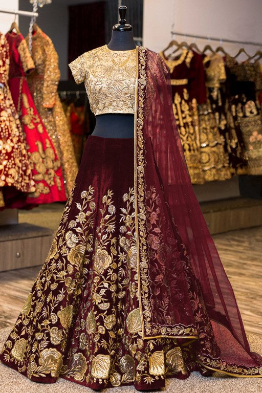 maroon velvet heavy embroidered bridal wedding lehenga