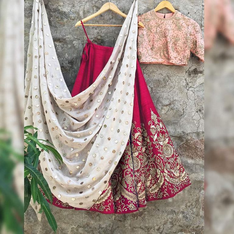 Red art silk embroidered wedding lehenga