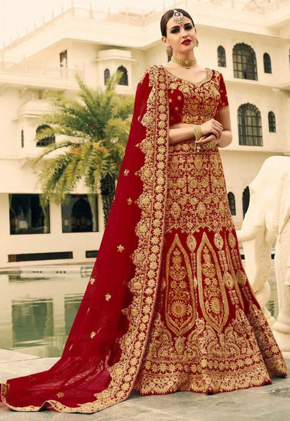 Maroon phantom silk heavy embroidered bridal lehenga