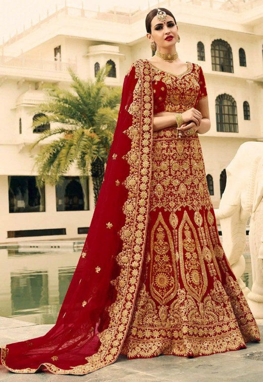 Maroon phantom silk heavy embroidered bridal lehenga