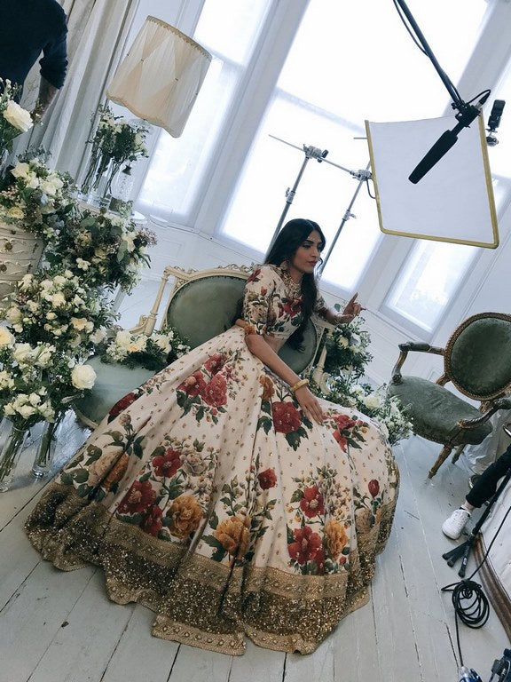 Designer heavy flowerprint bridal white wedding lehenga