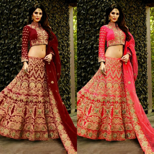 Maroon and Pink malbari silk heavy embroidered bridal lehenga