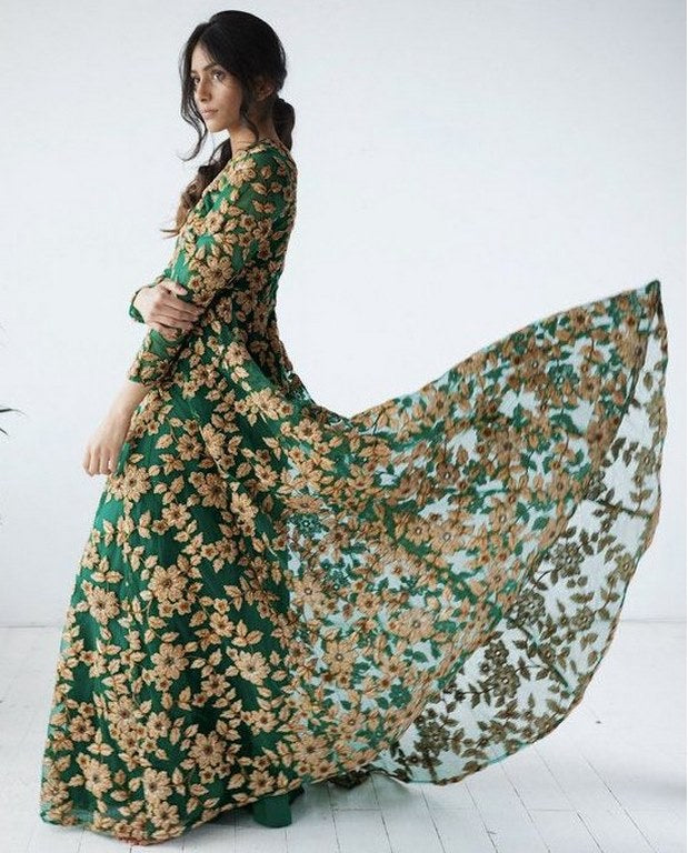 Green net Heavy embroidered bridal gown