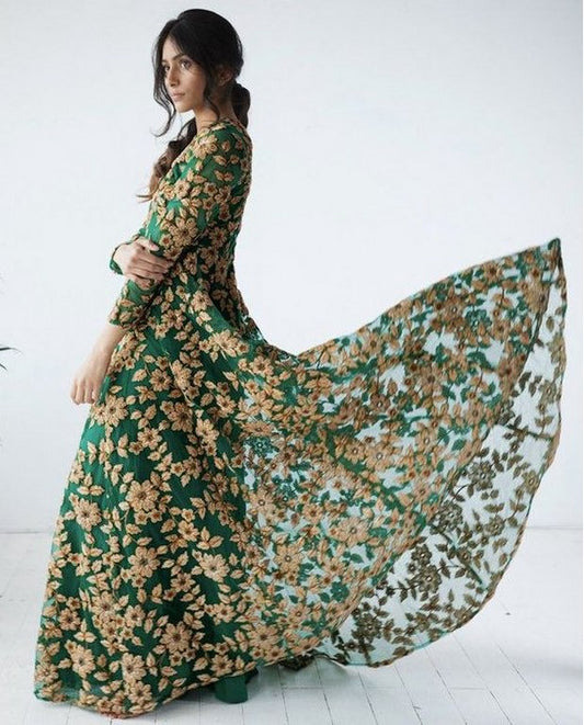 Green net Heavy embroidered bridal gown