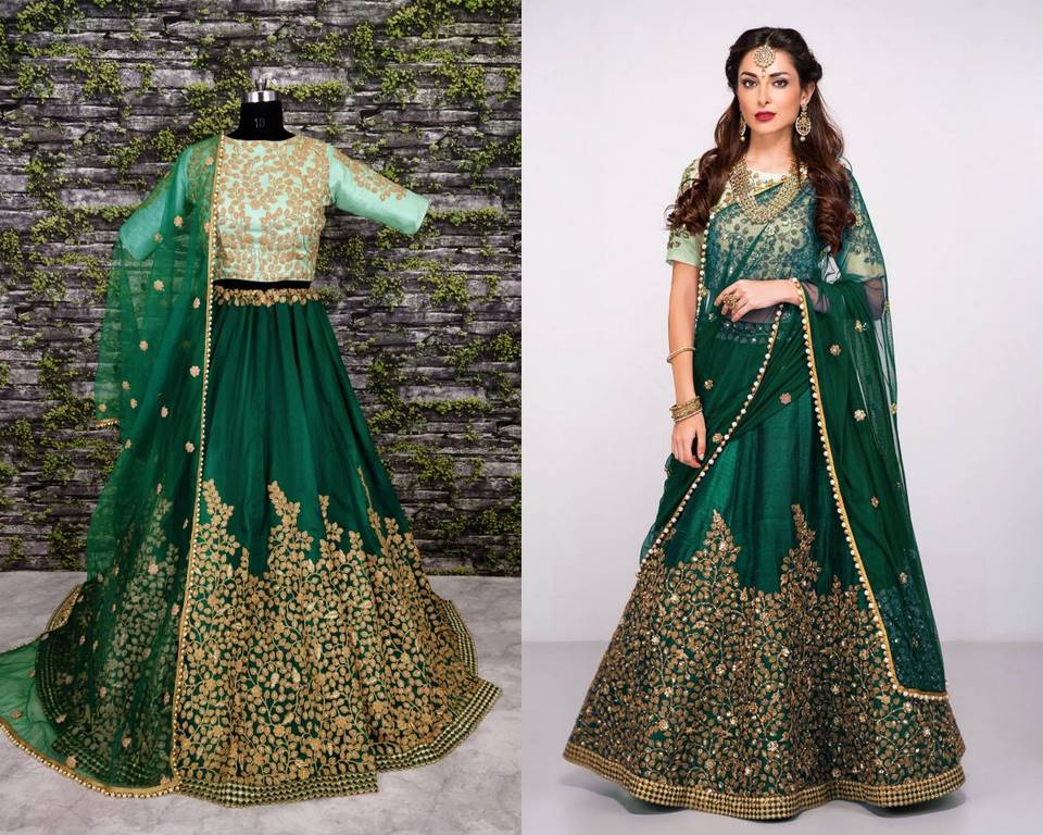 Designer green pure silk heavy embroidered bridal lehenga