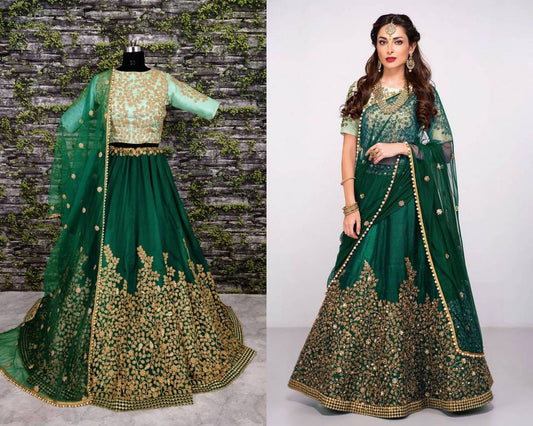 Designer green pure silk heavy embroidered bridal lehenga