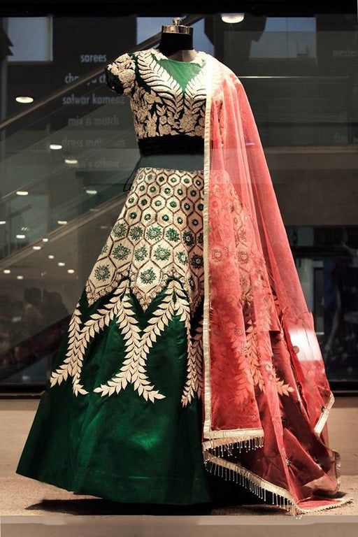 Designer Green micro velvet heavy embroidered bridal lehenga