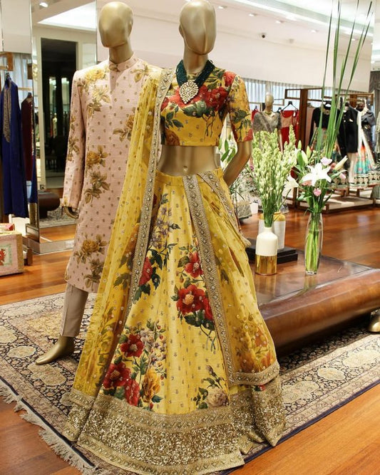 Designer heavy flowerprint bridal yellow wedding lehenga
