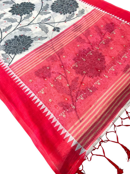 White Linen Cotton Digital Printed Casual Wear Saree