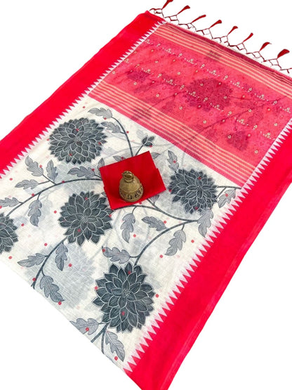 White Linen Cotton Digital Printed Casual Wear Saree
