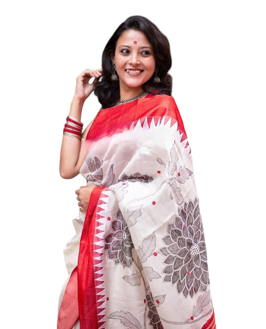 White Linen Cotton Digital Printed Casual Wear Saree
