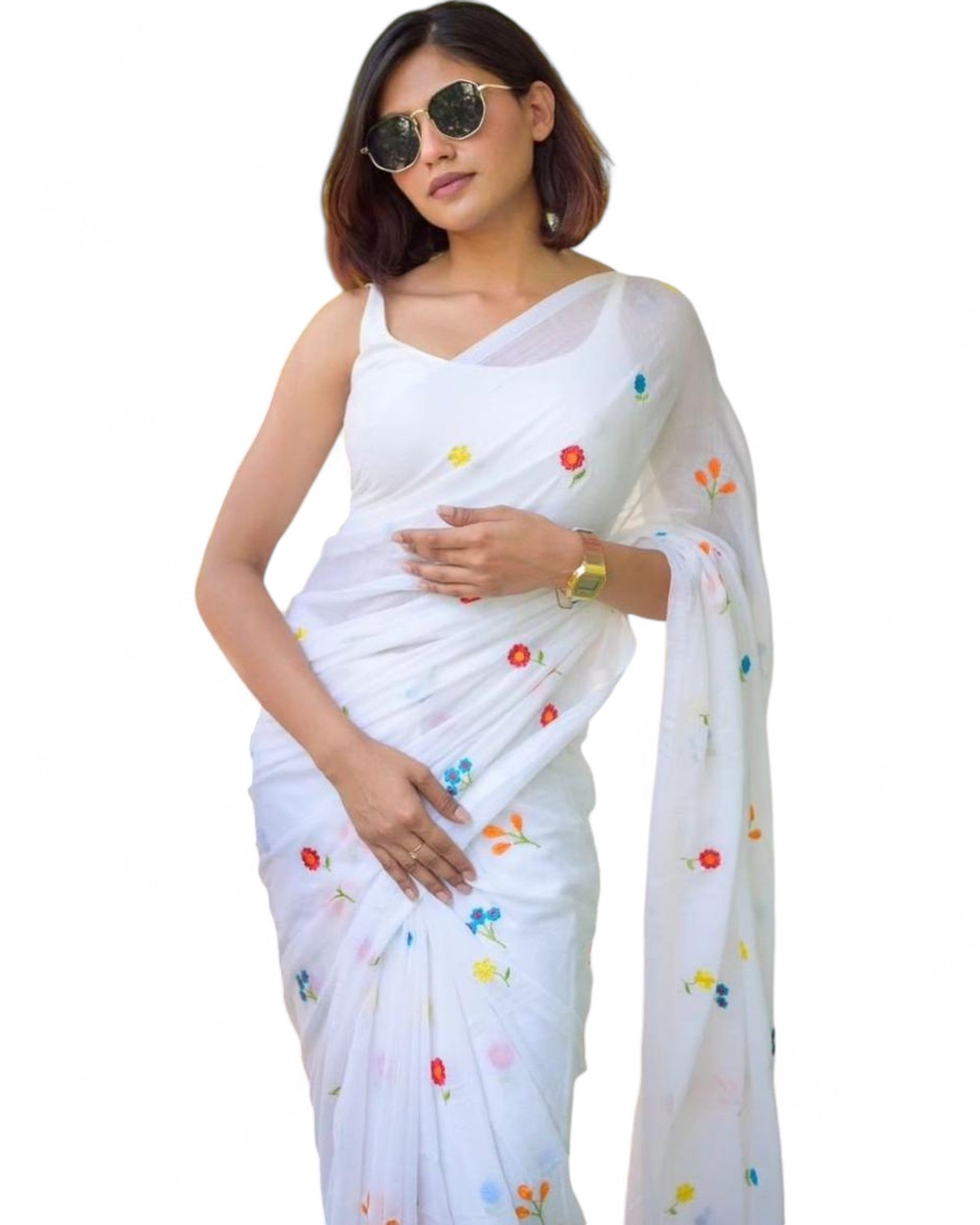 White Linen Cotton Printed Stylish Farewell Party Office Wear Saree