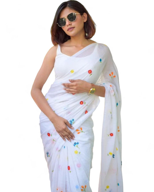 White Linen Cotton Printed Stylish Farewell Party Office Wear Saree
