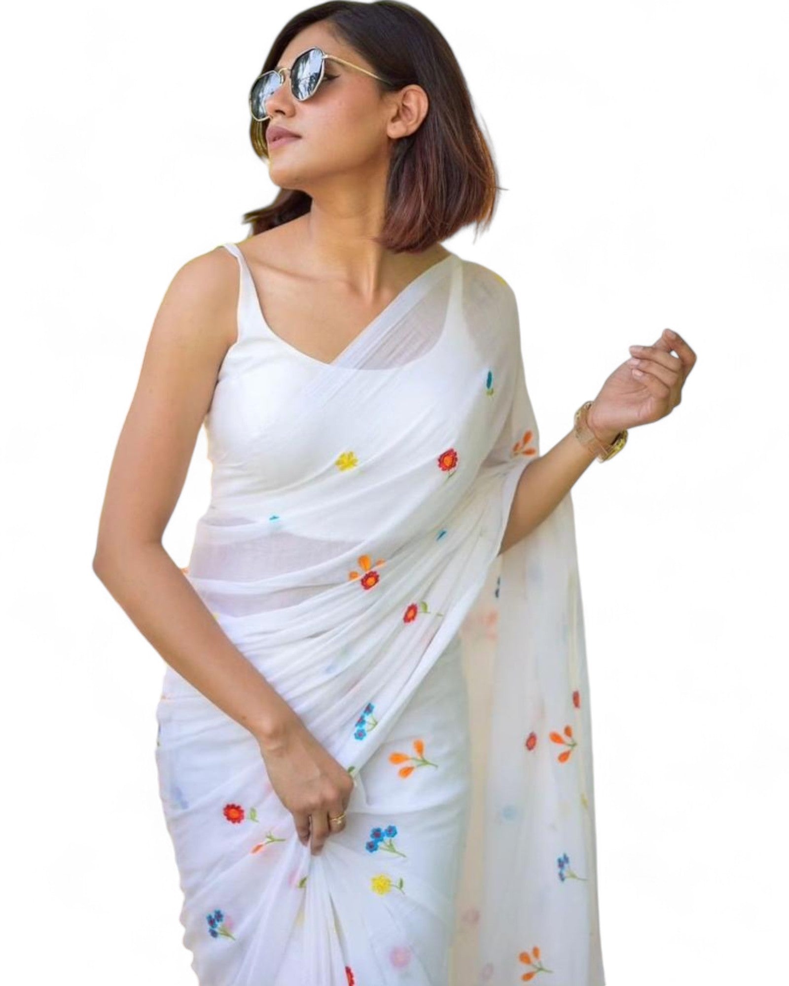 White Linen Cotton Printed Stylish Farewell Party Office Wear Saree