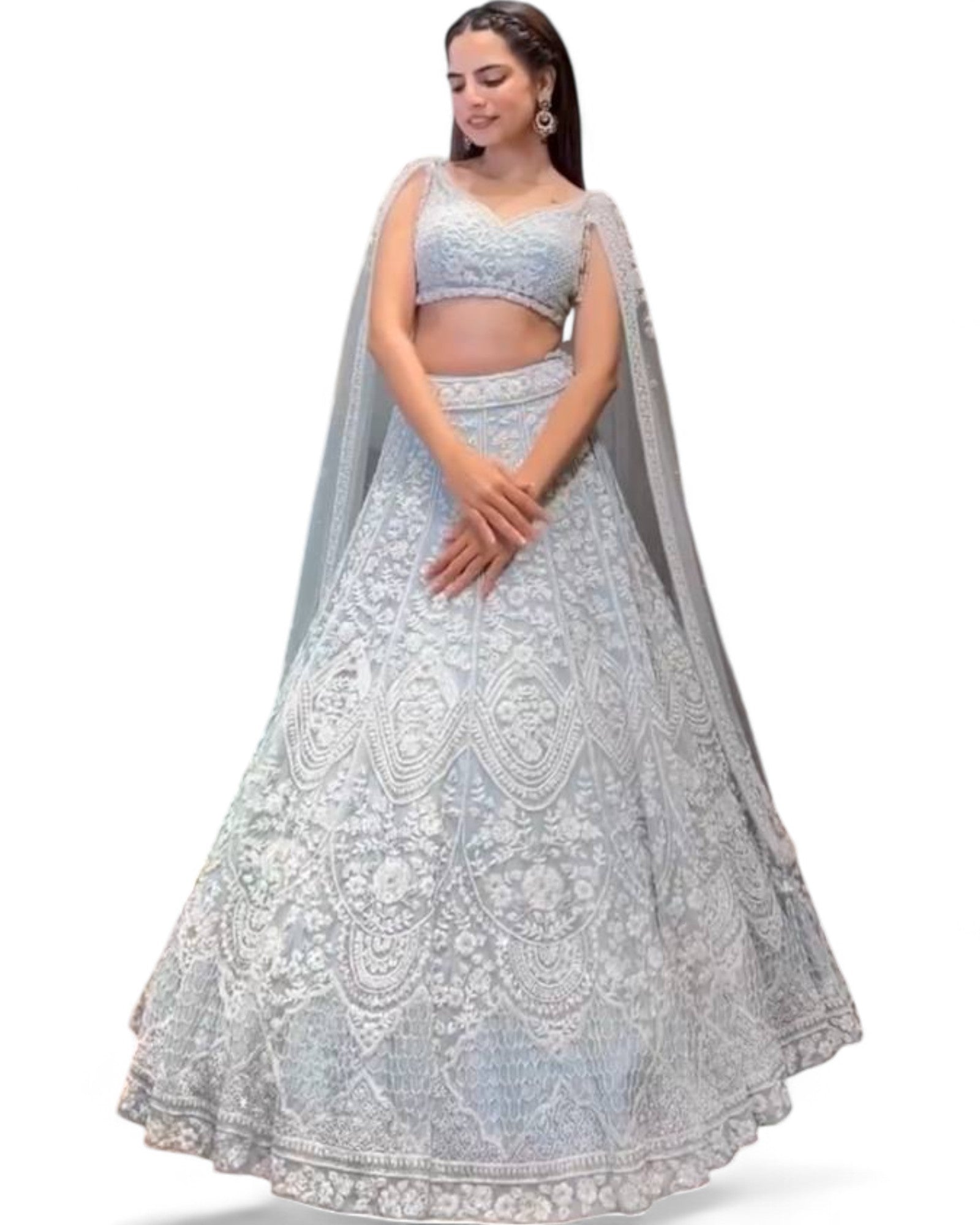 White Net Heavy Wedding Lehenga with Sequins and Thread Work
