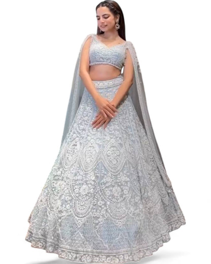 White Net Heavy Wedding Lehenga with Sequins and Thread Work