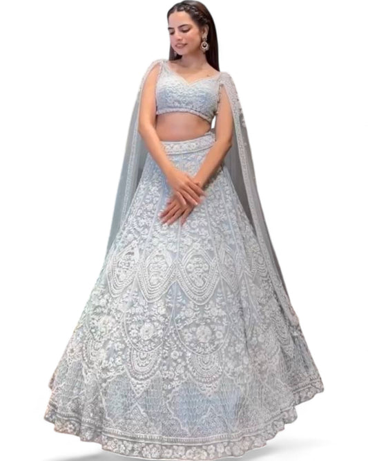 White Net Heavy Wedding Lehenga with Sequins and Thread Work