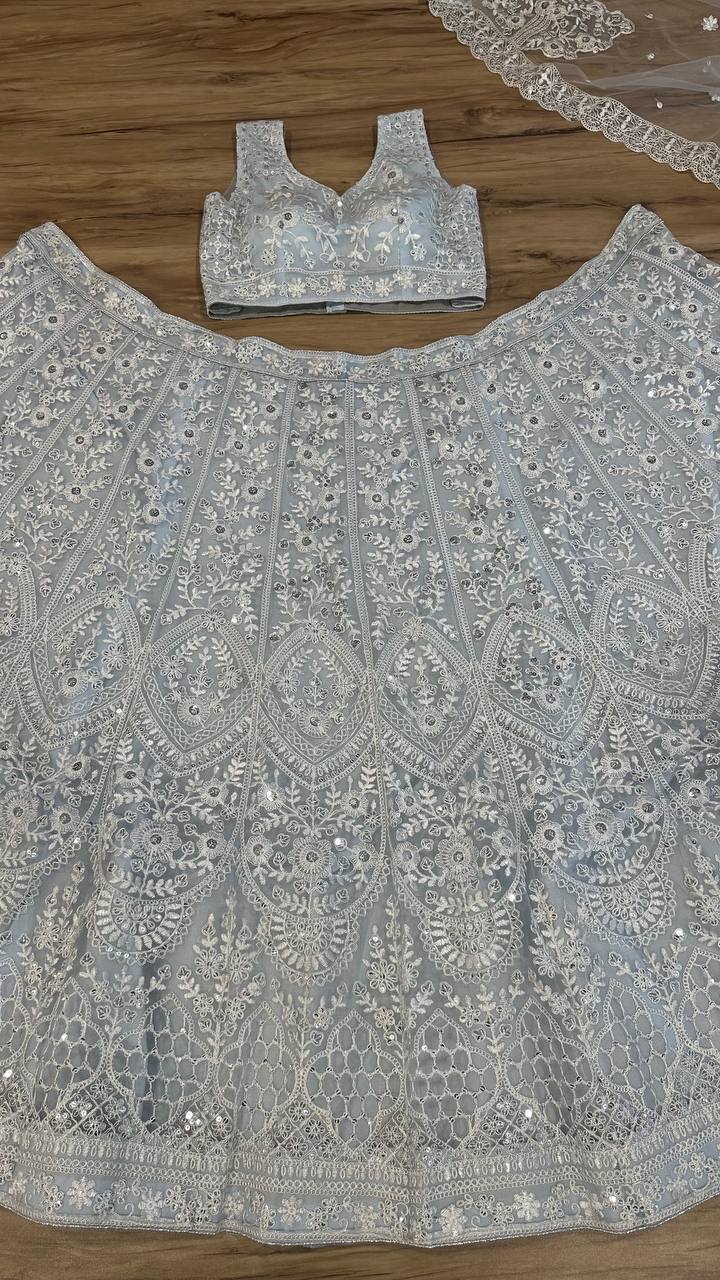 White Net Heavy Wedding Lehenga with Sequins and Thread Work