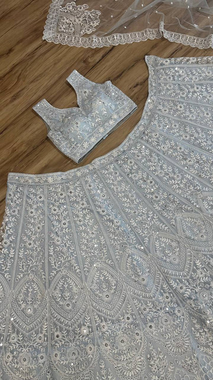 White Net Heavy Wedding Lehenga with Sequins and Thread Work