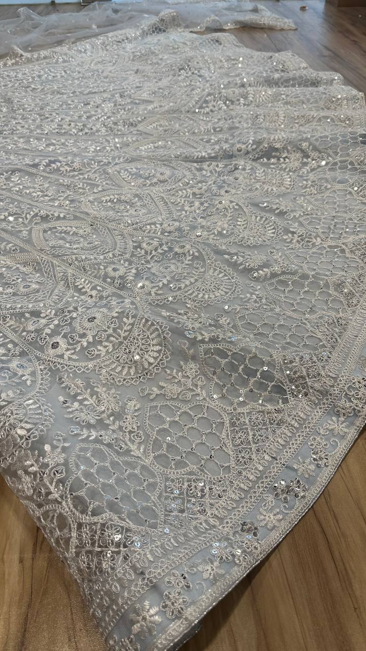 White Net Heavy Wedding Lehenga with Sequins and Thread Work