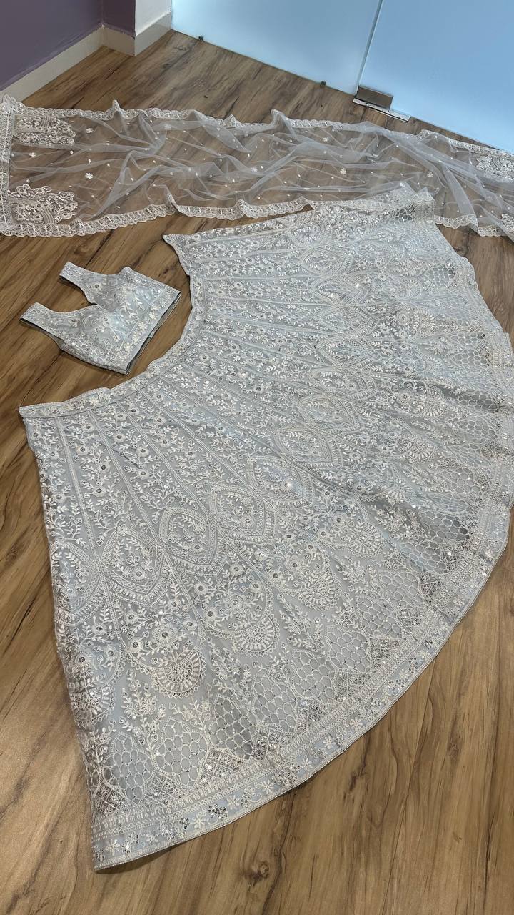 White Net Heavy Wedding Lehenga with Sequins and Thread Work