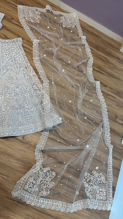 White Net Heavy Wedding Lehenga with Sequins and Thread Work