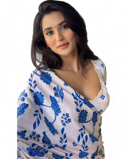 White Satin Floral Printed Stylish Office Wear Saree