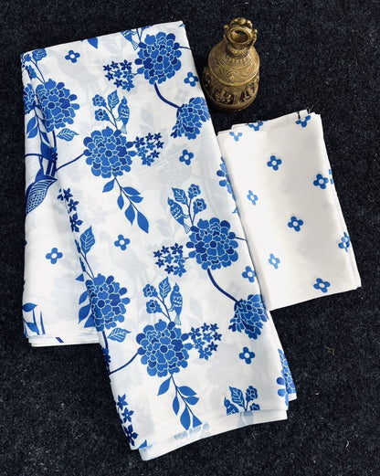 White Satin Floral Printed Stylish Office Wear Saree