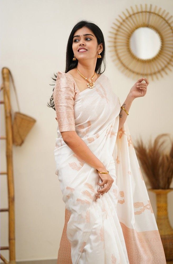 White banarasi silk jacquard work saree