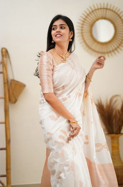 White banarasi silk jacquard work saree