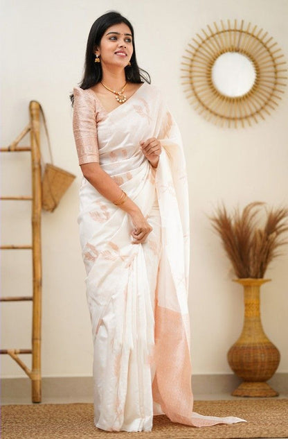 White banarasi silk jacquard work saree