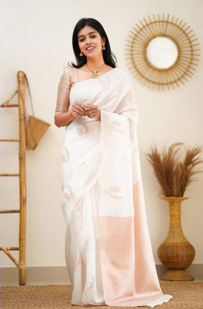 White banarasi silk jacquard work saree