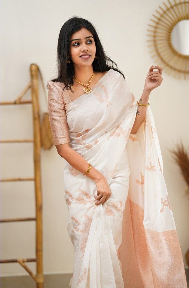 White banarasi silk jacquard work saree