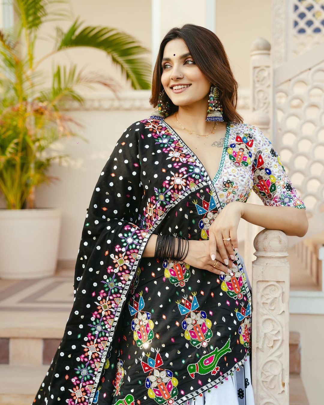 White cotton mirror work navratri lehenga choli