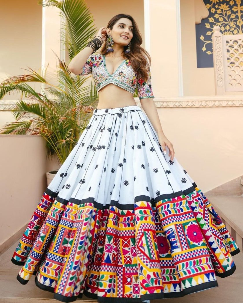White cotton mirror work navratri lehenga choli
