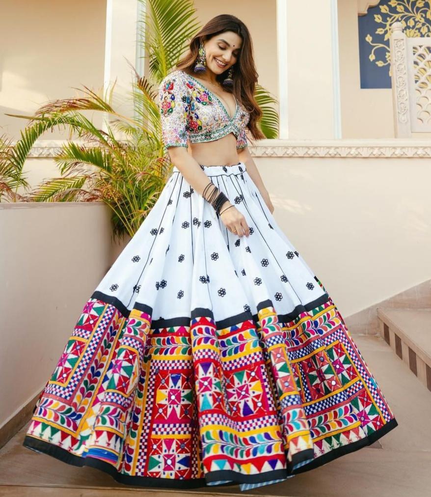 White cotton mirror work navratri lehenga choli